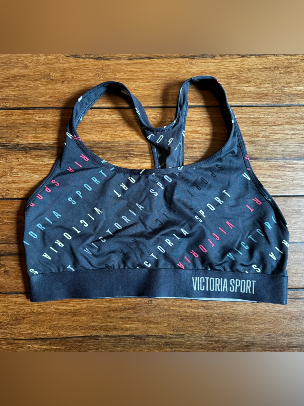 Victoria's Secret Black Sports Bra with Multicolor Logo Print